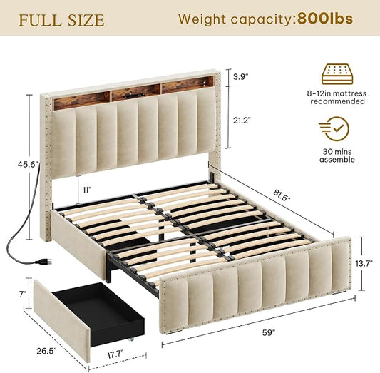 DWVO Full Size Bed Frame with 4 Storage Drawers and RGB LED Lights, Velvet Upholstered Platform Bed with Charging Station and Storage Headboard, No Box Spring Needed, Easy Assembly, Beige