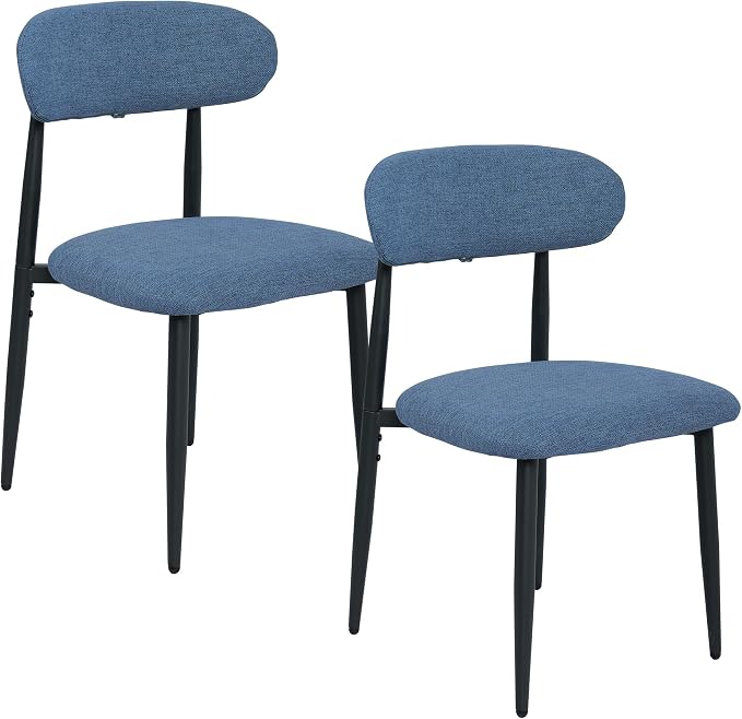 FREKEN Modern Upholstered Dining Chairs Set of 2, Mid-Century Metal Frame Linen Fabric Side Chair for Kitchen Dining Room, 350lbs Capacity, Blue