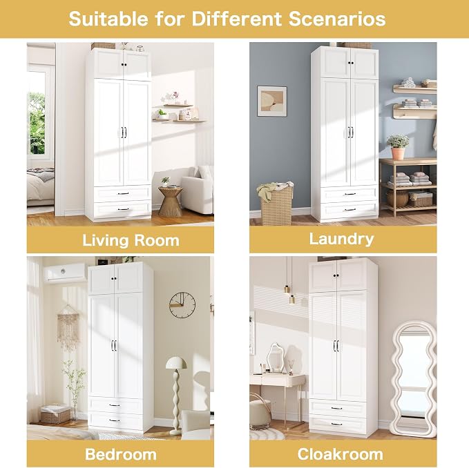 Armoire Wardrobe Closet with Doors: 89" Extra Tall White Wardrobe with Storage on Top, Bedroom Armoires with 2 Doors and 2 Drawers, Large Wood Closet Armoire for Hanging Clothes