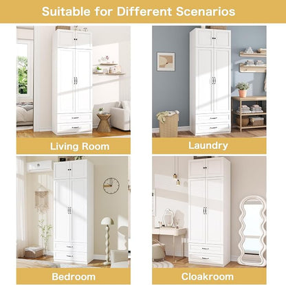 Armoire Wardrobe Closet with Doors: 89" Extra Tall White Wardrobe with Storage on Top, Bedroom Armoires with 2 Doors and 2 Drawers, Large Wood Closet Armoire for Hanging Clothes