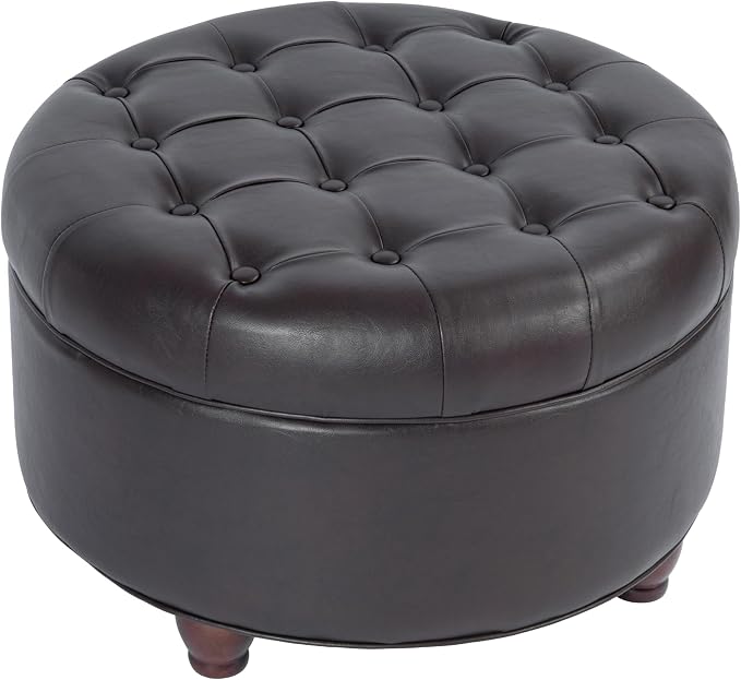 HomePop 25" Button Tufted Round Storage Ottoman - Distressed Brown Faux Leather
