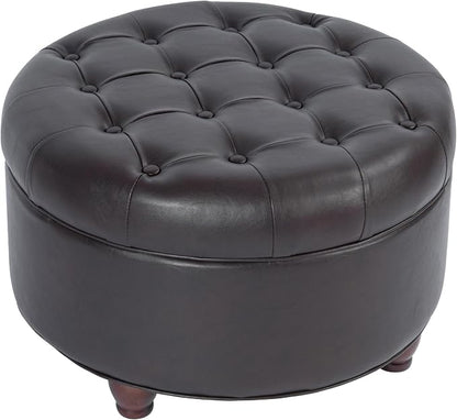 HomePop 25" Button Tufted Round Storage Ottoman - Distressed Brown Faux Leather