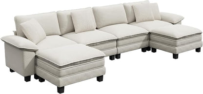 PHI VILLA Cloud Modular Couch Sets, 157.5" Oversized Sectional Sofa with U-Shaped Chaise, 6-Seater Couches with Movable Ottomans for Living Room, Chenille Beige