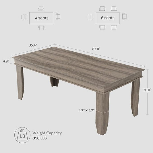 GarveeHome Farmhouse Dining Table for 4-6 People, 63 in Long Kitchen Tables with Wooden Sturdy Frame, 5 ft Large Rectangular Dinner Table for Dining Room, Kitchen, Grey Walnut, 63" Non-extendable