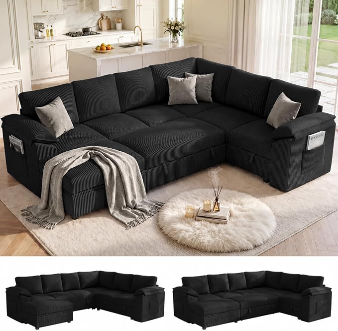 108 Inch Sectional Sleeper Sofa Bed with Pull Out Couch, U Shaped 7 Seat Cloud Modular Sectional Sofa with Storage, Corduroy Sectional Couches for Living Room, Removable Sofa Cover, Black