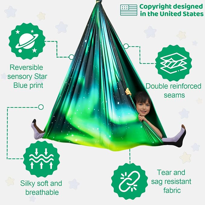 HiCamer Double Layer Sensory Swing for Kids & Adults Holds up to 300lbs Indoor and Outdoor Therapy Cuddle Swing with 360° Swivel Hanger Kit Adjustable Swing with Aspergers Autism ADHD (Aurora Green)