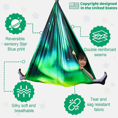 HiCamer Double Layer Sensory Swing for Kids & Adults Holds up to 300lbs Indoor and Outdoor Therapy Cuddle Swing with 360° Swivel Hanger Kit Adjustable Swing with Aspergers Autism ADHD (Aurora Green)