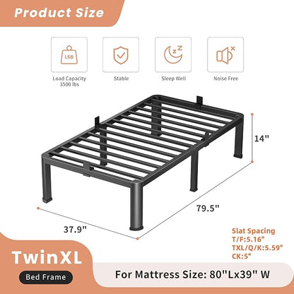 VIPSHOW 14 Inch Twin XL Heavy Duty 3500 lbs Bed Frame with Round-Corner Legs & Anti-Squeak Design – Quick Assembly Metal Platform, No Box Spring Needed