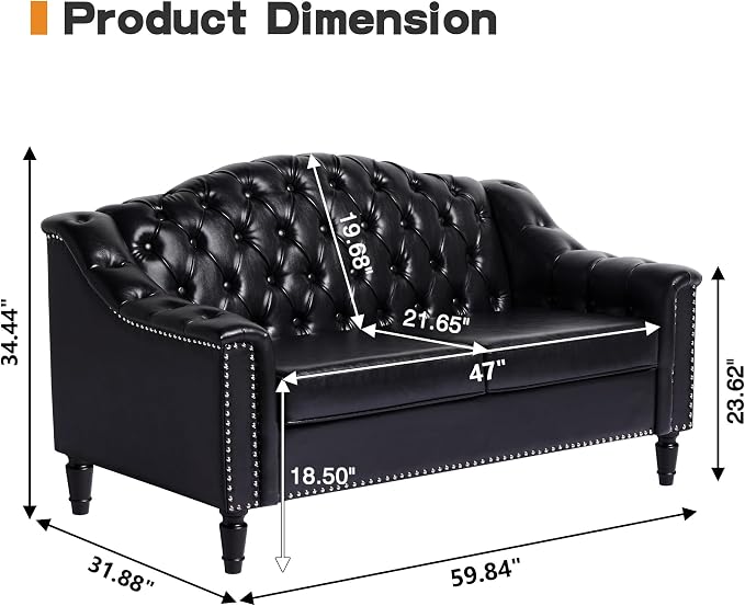 LEVNARY Chesterfield Loveseat Leather, Upholstered Sofa with Button-Tufted Back, Mid-Century Modern Sofa with Solid Wood Legs, 2 Seater Couches for Living Room (Black)