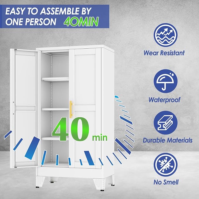 47" Metal Garage Storage Cabinet with 2 Doors and 3 Adjustable Shelves,Metal Storage Cabinets,Steel Tool Cabinets for Home,Office,Garage,Warehouse (White, 47''H x 24''W x 12''D)