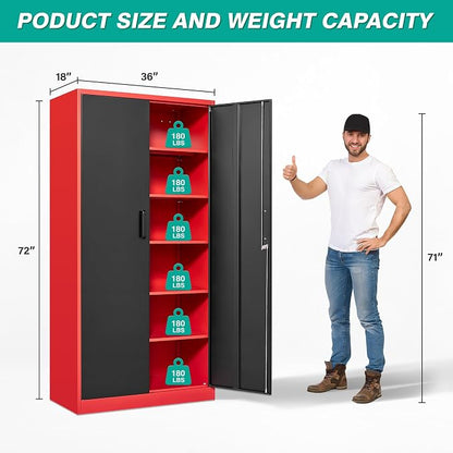 SISESOL Wide & Deep Metal Storage Cabinet with 5 Shelves,72" Tall Red Garage Storage Cabinet with Lock,Metal Cabinets with Locking Doors,Lockable Steel Cabinets for Home,Office,Shop,Garage,72x36x18