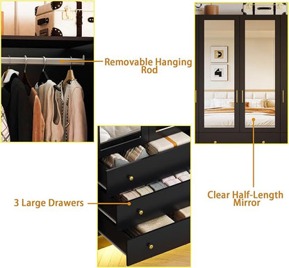 4 Doors LED Armoire Wardrobe Closet with Mirror, 75" Tall Modern Wooden Wardrobe Closet with 3 Drawers, Freestanding Clothing Storage Cabinet with Hanging Rod, Adjustable Shelves, Black