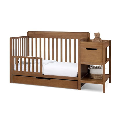 Delta Children Maya 5-in-1 Convertible Crib and Changer with Storage, Converts to Toddler Bed, Daybed, Sofa & Full Bed, Greenguard Gold Certified, 3 Mattress Heights for Baby, Chestnut