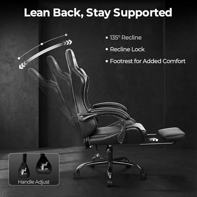 N-GEN GAMING Video Gaming Chair with Footrest Lumbar Support for Home Office High Back Recliner Height Adjustable Ergonomic Comfy Leather Computer Desk Chair (Black)