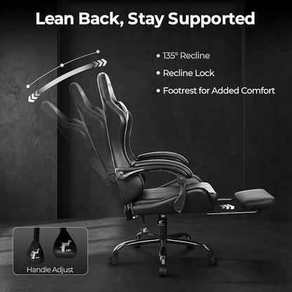 N-GEN GAMING Video Gaming Chair with Footrest Lumbar Support for Home Office High Back Recliner Height Adjustable Ergonomic Comfy Leather Computer Desk Chair (Black)