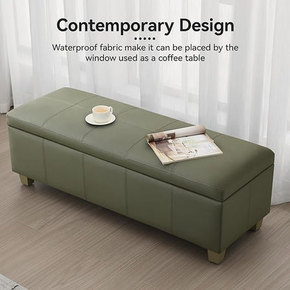 WUTUTUEE 51" Faux Leather Storage Ottoman, Stitch Tufted Rectangle Upholstered End of Bed Storage Bench, Entryway Large Couch Ottoman with Wooden Legs,Green