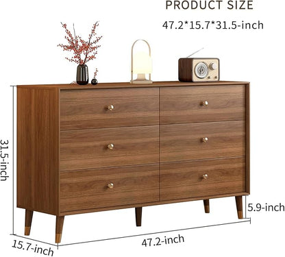 Messenya 6 Drawer Dresser for Bedroom, 47 Inch Walnut Dresser for Closet, Mid Century Wood Chest of Drawers with Natural Texture & Pre-Embedded Slots for TV Stand, Living Room, Hallway, Office