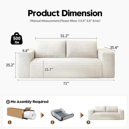 Settab 71" Loveseat Sofa,Modular Couch with Deep Seat Memory Foam,Comfy Small Cloud Couch for Small Spaces,No Assembly Sofa for Living Room Bedroom,Apartment,White
