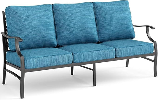 SUNSHINE VALLEY Metal Patio Furniture Sofa with 5.75" Extra Thick Waterproof Cushion, 3-Seater Deep Seating & High-Back Outdoor Couch All Weather Outdoor Seating for Backyard Deck Front Porch, Blue-2