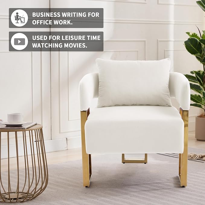 YISHENG Modern Barrel Accent Chairs Set of 2, Living Room Side Chairs with Golden Metal Legs Velvet Upholstered Reading Armchairs no Wheels for Vanity/Reception Room//Bedroom/Lounge/Office, White