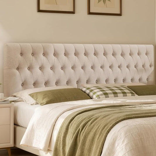 Tufted Upholstered Full Size Bed Headboard in Modern Button Design, Adjustable Solid Wood Head Board, Premium Linen Fabric Padded Headboards in Bedroom (Beige)