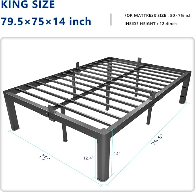 yookare King Platform Bed Frame,14" Heavy Duty Metal Mattress Foundation, Rounded Safety Corners & Recessed Legs,Mattress Retainers,Easy Assembly,Noise Free Steel Slat Support,No Box Spring Needed