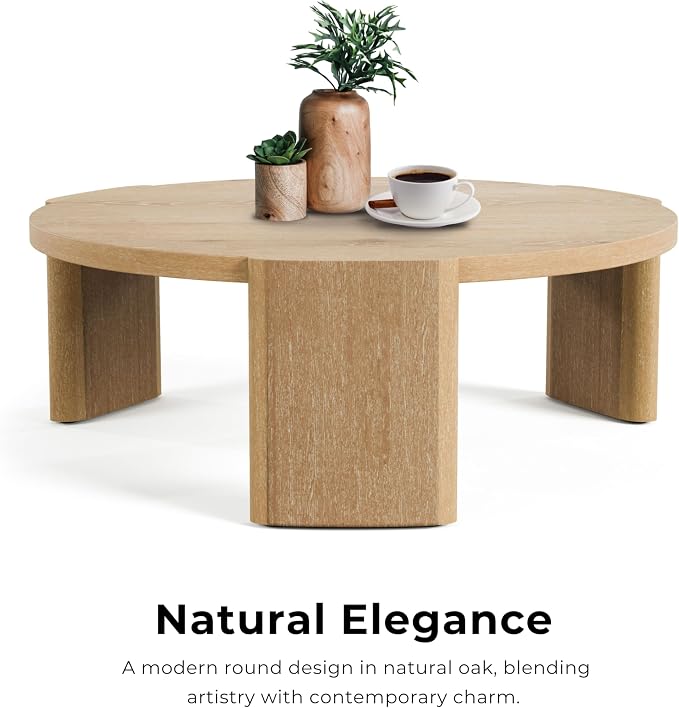 Furniture of America Carys 42” Round Coffee Table, Solid Rubberwood & Oak Veneer, Modern Wood Living Room Table with Plinth Base, Oak Finish