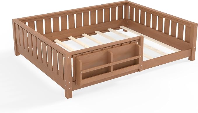 Bellemave Full Floor Bed with Slats and Rails, Full Size Montessori Floor Bed with Bookcase and Fence, Easy Assemble Montessori Beds for Girls, Boys, Natural Floor Beds