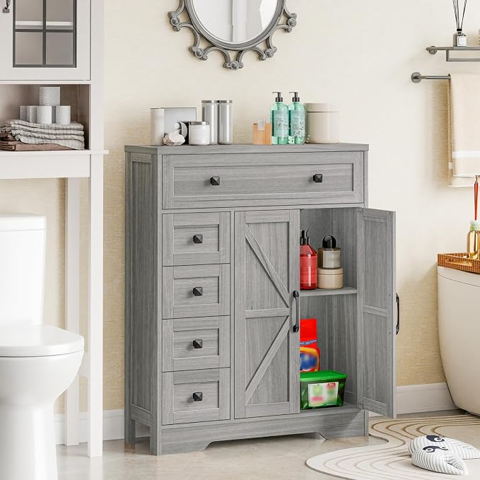 Vabches Farmhouse Storage Cabinet with 2 Doors and 5 Drawers, Freestanding Bathroom Cabinets Kitchen Pantry, Floor Storage Cabinet Hutch Cupboard for Living Room/Bathroom/Kitchen.Wash Grey