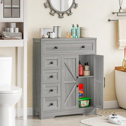 Vabches Farmhouse Storage Cabinet with 2 Doors and 5 Drawers, Freestanding Bathroom Cabinets Kitchen Pantry, Floor Storage Cabinet Hutch Cupboard for Living Room/Bathroom/Kitchen.Wash Grey