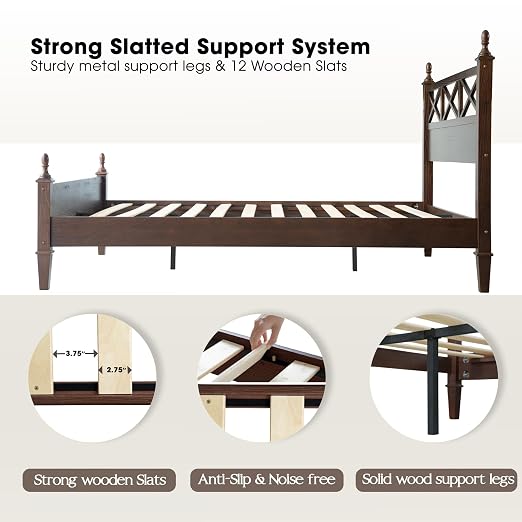 Queen Size Bed Frame with Headboard & Footboard, Solid Wood Platform Bed, Central Metal Legs, 12 Sturdy Slatted Base, Noise-Free & Anti-Slip, No Box Spring Needed, Dark Roast Oak Finish RIQ-32