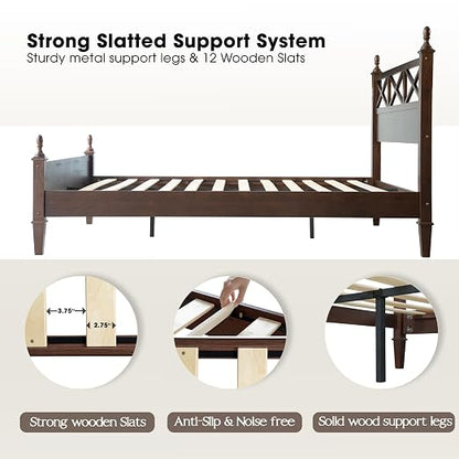 Queen Size Bed Frame with Headboard & Footboard, Solid Wood Platform Bed, Central Metal Legs, 12 Sturdy Slatted Base, Noise-Free & Anti-Slip, No Box Spring Needed, Dark Roast Oak Finish RIQ-32