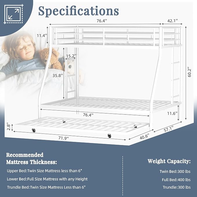 Shintenchi Bunk Bed Twin Over Full Size with Trundle, Heavy-Duty Twin&Full Frame with Full-Length Guardrail and Two Ladders, Triple for Kids, Teens and Adults, Space-Saving, White