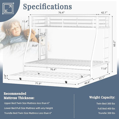 Shintenchi Bunk Bed Twin Over Full Size with Trundle, Heavy-Duty Twin&Full Frame with Full-Length Guardrail and Two Ladders, Triple for Kids, Teens and Adults, Space-Saving, White