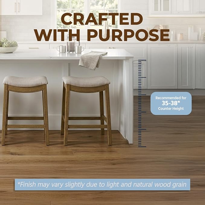 ROME + OAK Set of 2 Parker 26 Inch Counter Stool, Backless Saddle Kitchen Barstool in Natural Finish with Cream Fabric Upholstery Cushion Seat