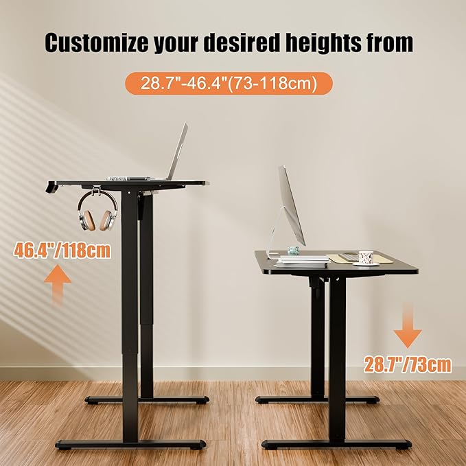 ERGOMAKER Electric Standing Desk, 47.2" x 23.6" Height Adjustable Sit Stand Desk with Splice Board for Home Office, Computer Desk Memory Preset (Black Frame, Black Desktop)