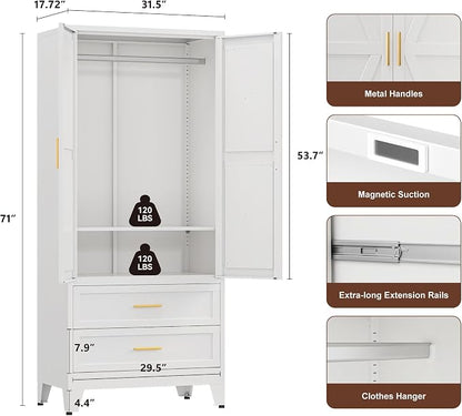 YAUWOH Farmhouse Wardrobe Cabinet with 2 Drawers,Metal Wardrobe Closet with Hanging Rod,Metal Armoire with Adjustable Shelves for Bedroom,Cloak Room,Office (White)