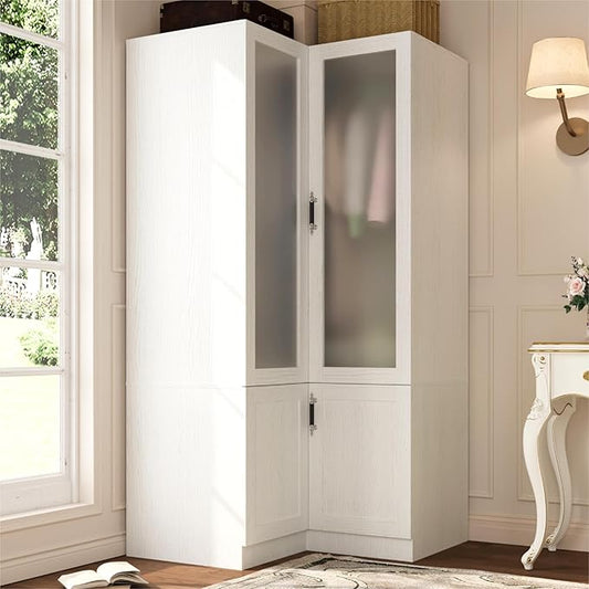 MEISSALIVVE L-Shape Armoire Wardrobe Closet with Frosted Glass Door, 70.9''H Bedroom Clothing Storage Cabinet with Hanging Rod, Adjustable Shelves, Clothes Wardrobe Armoire for Bedroom, Wood Grain