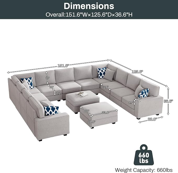 Legend Vansen Oversized Modular Sectional Sofa,U/L‑Shaped Reversible Couch with Ottoman,Deep Seat Plush Polyester Sofa for Living Room,13‑Seater,Light Grey