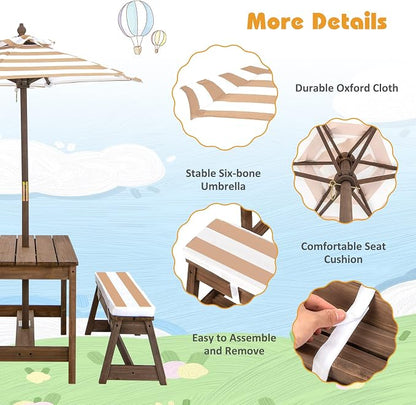 Costzon Kids Picnic Table, Toddler Wood Table & Chair Set w/Cushions, Height Adjustable Umbrella, Children Activity Table Outdoor Furniture Set for Patio, Garden, Backyard, Gift for Ages 3-8 (Coffee)