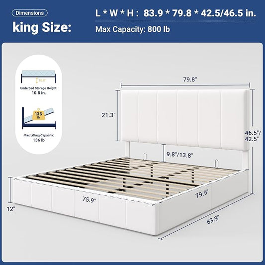 Allewie King Size Velvet Lift Up Storage Bed Frame, Vertical Channel Tufted Headboard, Hydrualic Underneath Storage, Upholstered Platform Bed, Wooden Slats Support, No Box Spring Needed, White