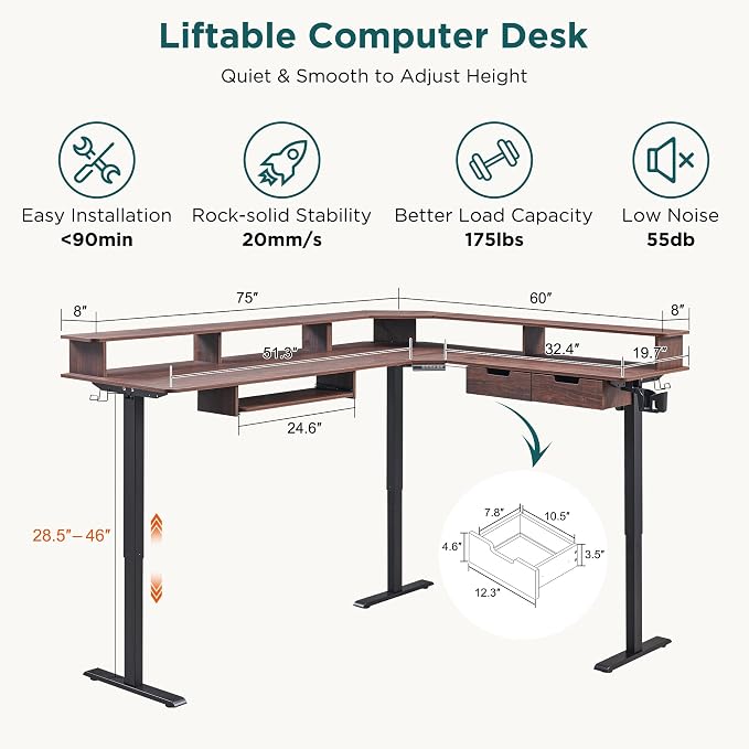 RedLemon 75X60 Inches L Shaped Electric Standing Desk, Height Adjustable Corner Gaming Desk with Drawers, Keyboard Tray, Power Outlets & LED Lights, Computer Desk with Monitor Shelf, Dark Walnut