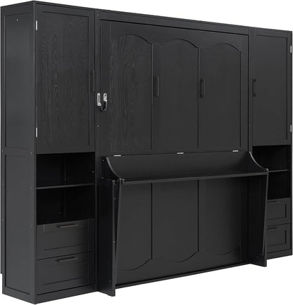Merax Queen Size Murphy Bed with Desk, Closet, Drawers and Shelves, Fold into The Wall, Space-Saving Foldable Wood Platform Bed Frame for Small Spaces Studio Study Office Guest Room, Black(Oak Veneer)