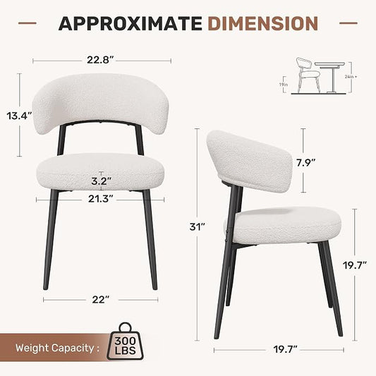 Dining Chairs Set of 4, Boucle Upholstered Dining Room Chair with Curved Backrest & Metal Legs, Mid Century Modern Round Kitchen Chairs, White