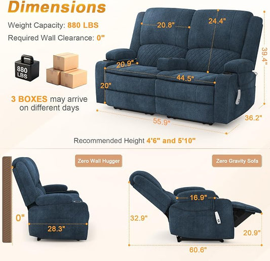 Loveseat Recliner Sofa, Power Reclining Loveseat Sofa RV Couch with Removable Armrest and Remote Control, Wall Hugger Home Theater Seating with 2-Tier Cushions, Storage & USB Ports, Blue