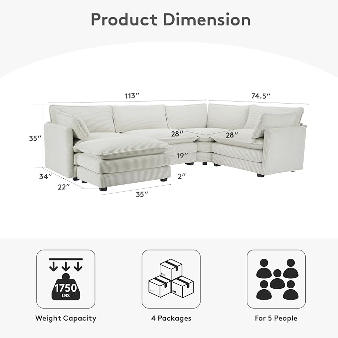 ROWHY 113'' Sectional Cloud Couch, 5 Seater Modular Corner L Shape Sofa Big Comfy Corduroy Oversized Couch with 2 Pillows Movable Ottoman, Deep Seat Sectional Couches for Living Room Office Light Grey | Pet-Friendly Fabric