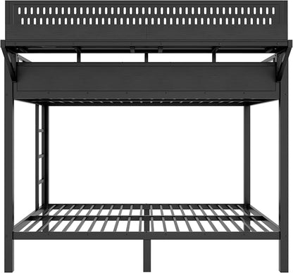 Bellemave Bunk Bed Queen Over Queen，Metal Bunk beds with Storage Shelves USB Ports and LED Lights, Black