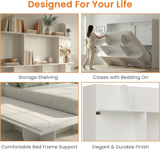 CECER Horizontal Murphy Bed Queen，Save Space for Offices/Guest-White | Multi-Functional Queen Murphy Cabinet Beds with Storage Shelf/Bookshelf，Sturdy frame ＆ Easy Assemble
