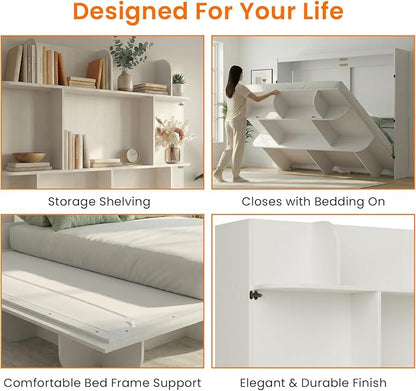 CECER Horizontal Murphy Bed Queen，Save Space for Offices/Guest-White | Multi-Functional Queen Murphy Cabinet Beds with Storage Shelf/Bookshelf，Sturdy frame ＆ Easy Assemble