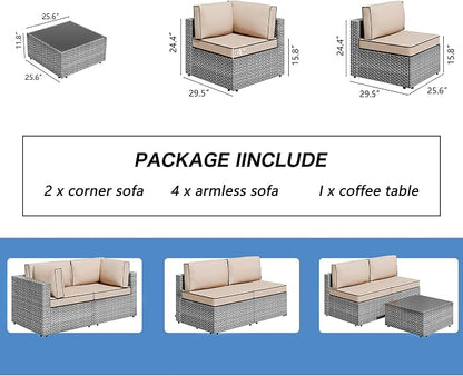 Shintenchi 7 Pieces Outdoor Patio Furniture Sets, Patio Sectional Sofa Couch, Gray PE Wicker Furniture Modular Patio Conversation Sets Patio Sofa with Washable Cushions, Gray/Khaki